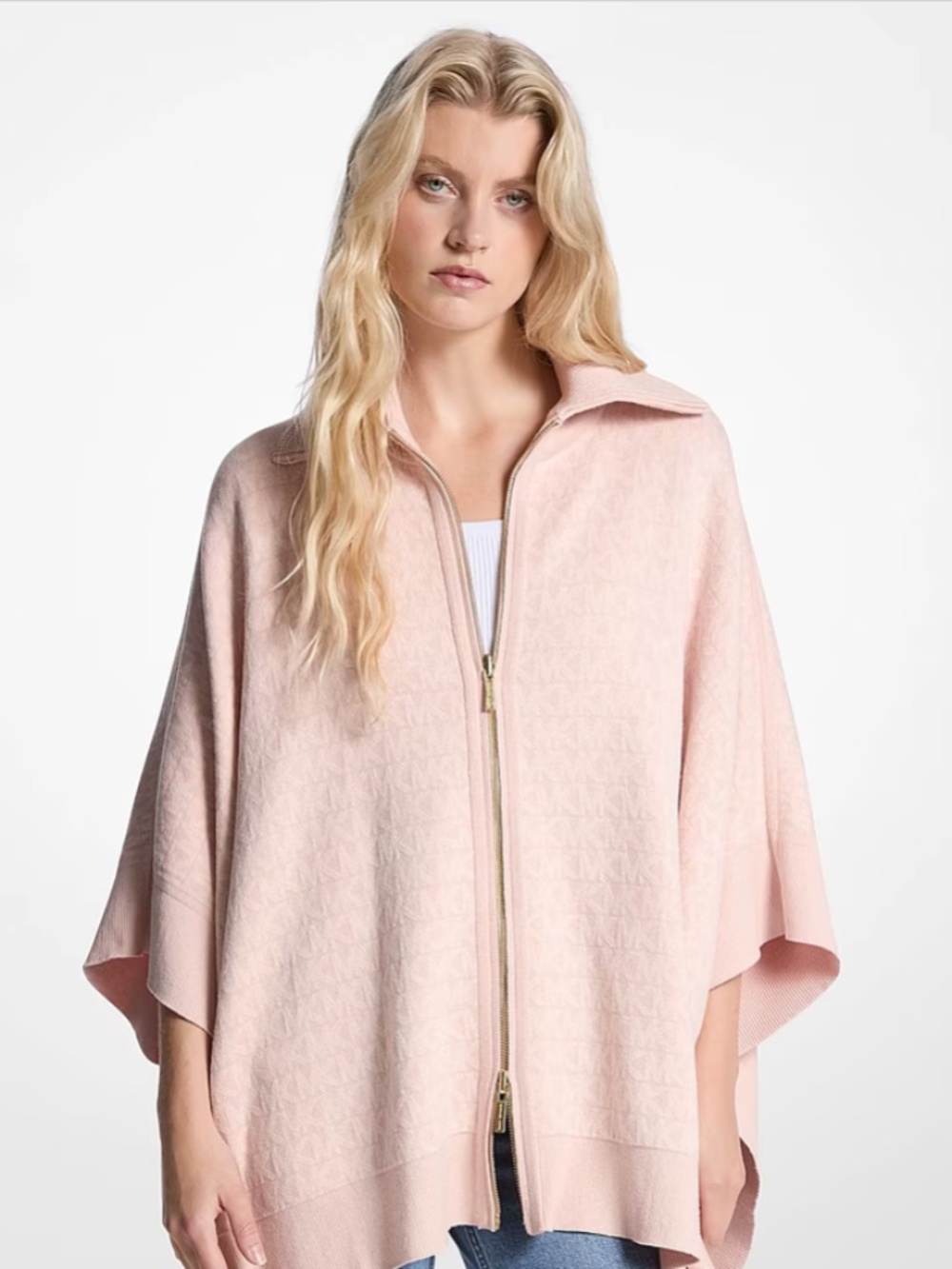 Michael Kors Monogram Riversable Knit Zip Poncho Cape Sweater Powder Blush NWT